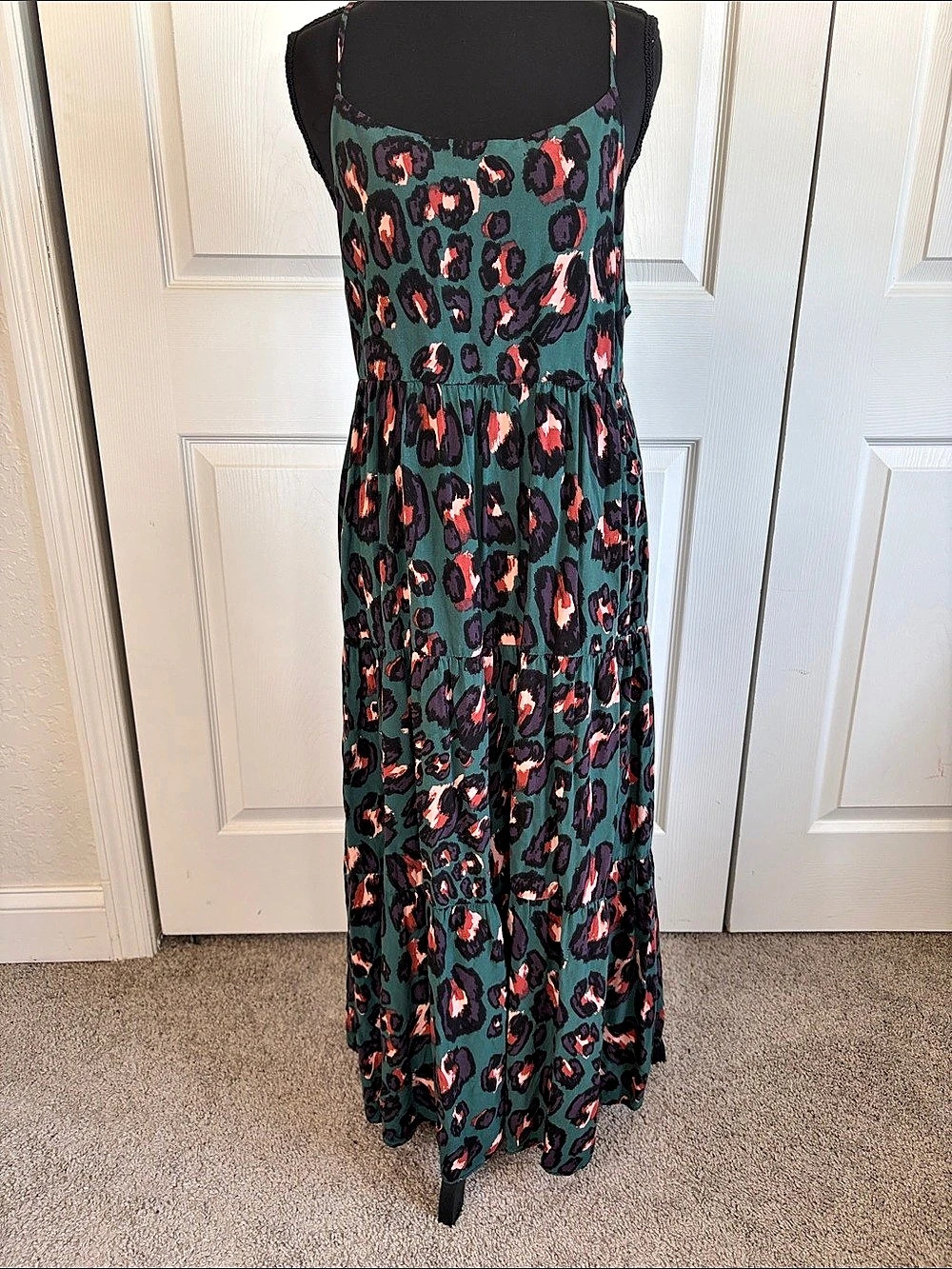 Stillwater Animal Print Tiered Maxi Dress Green Black Size Medium Beach Coastal